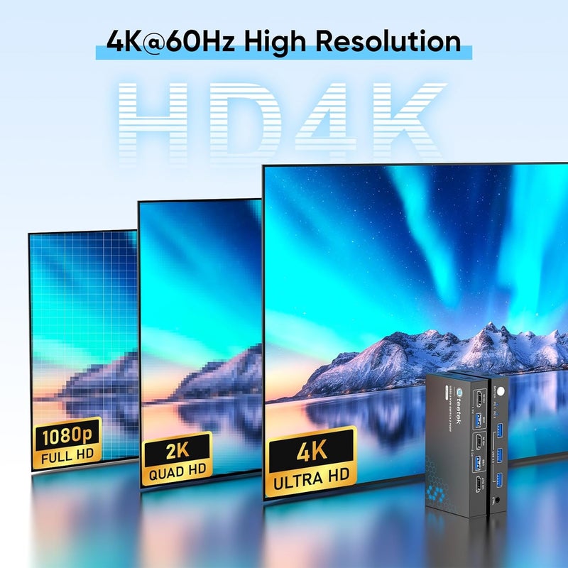 Hearvo مفتاح KVM HDMI 3.0 USB 1 شاشات 2 كمبيوترات، مفاتيح KVM بدقة 4K@60Hz لمشاركة شاشة الكمبيوترين مع لوحة المفاتيح والفأرة ومحركات الأقراص والطابعة، مع EDID التكيف، وكابلين USB 2 ووحدة تحكم - Image 4